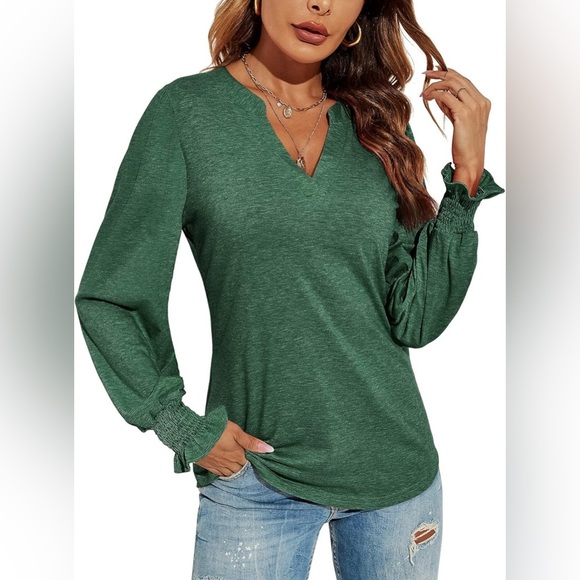 Tops - EUC Romanstii Women's V-Neck T-Shirts Loose Puff Long Sleeve Tunic Top